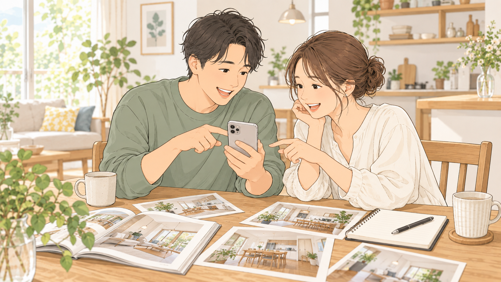 夫婦がスマートフォンで施工事例を見ながら家づくりの好みを探している様子