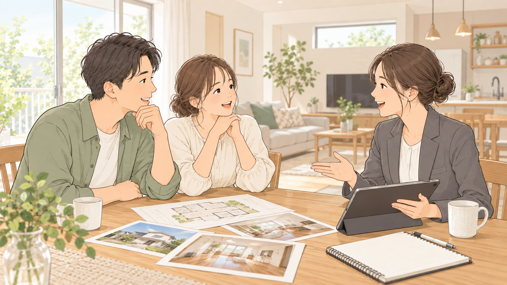 モデルハウスで住宅スタッフと夫婦が家づくりについて相談している様子