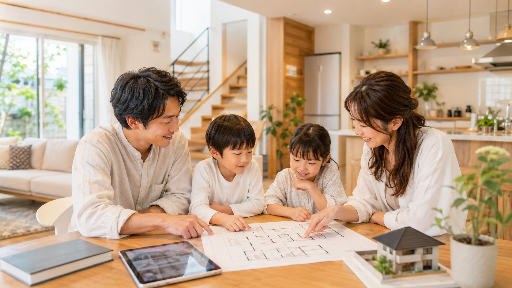 4人家族が間取り図やタブレットを囲みながら家づくりを考えるイメージ