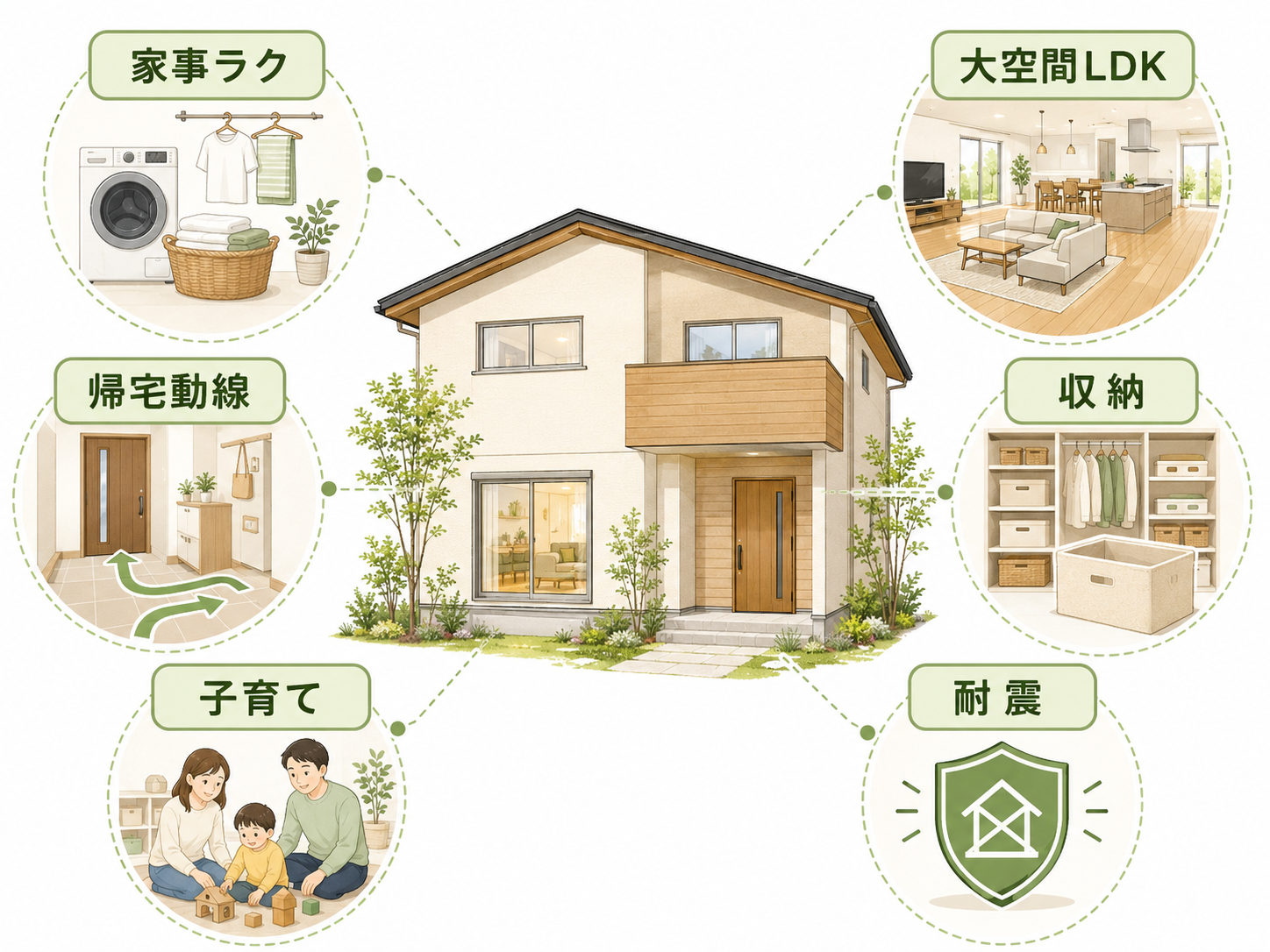 家事ラク、大空間LDK、収納、帰宅動線、子育て、耐震など家づくりの希望を整理したイメージ