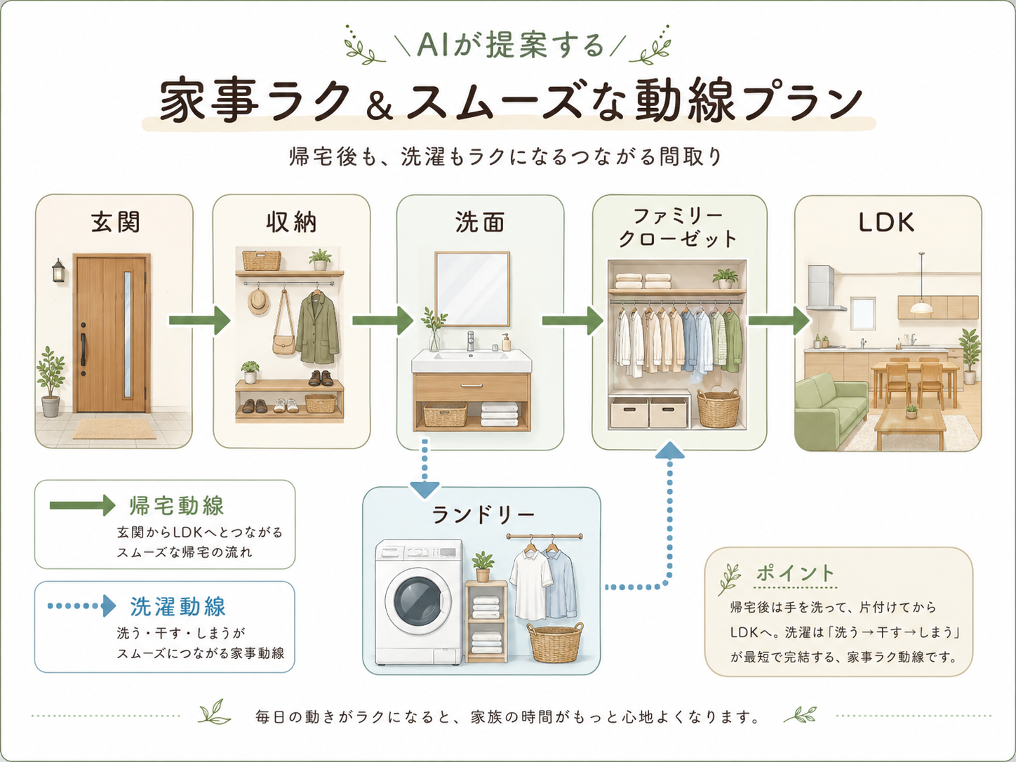 AIが提案した帰宅動線と洗濯動線を整理した家事ラク動線のイメージ