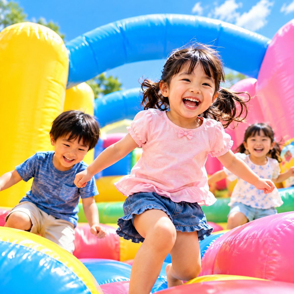 ふわふわ遊具で遊ぶ子どもたち